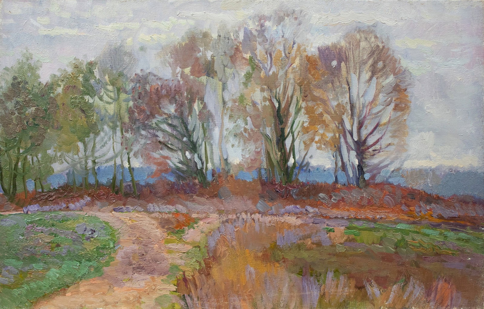 Mynka Olexandr (Ukrainian artist), "Road", oil on canvas: ARTIST: Mynka Olexandr Fedorovich, Ukrainian artist TITLE: "Road" SIZE: 35 x 50 cm, (13 3/4 x 19 3/4 in.) MEDIUM: oil on canvas YEAR OF CREATION: 1980 CONDITION: The painting is in good vintage condit