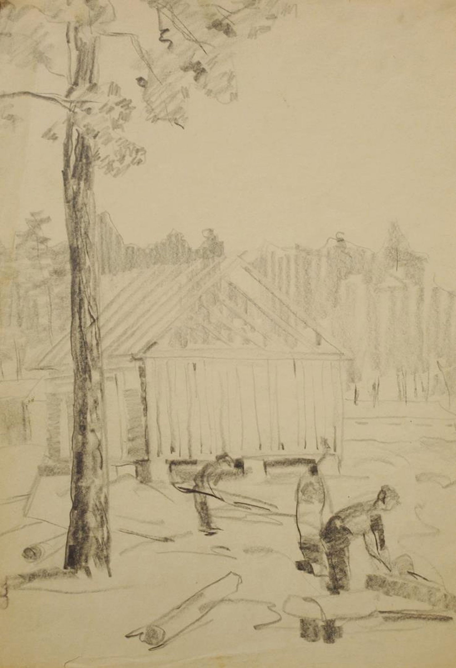 Mynka Olexandr (Ukrainian artist), "At the sawmill", pencil on paper: ARTIST: Mynka Olexandr Fedorovich, Ukrainian artist TITLE: "At the sawmill" SIZE: 40 x 29 cm, (15 3/4 x 11 2/4 in.) MEDIUM: pencil on paper YEAR OF CREATION: not dated CONDITION: The painting is in go