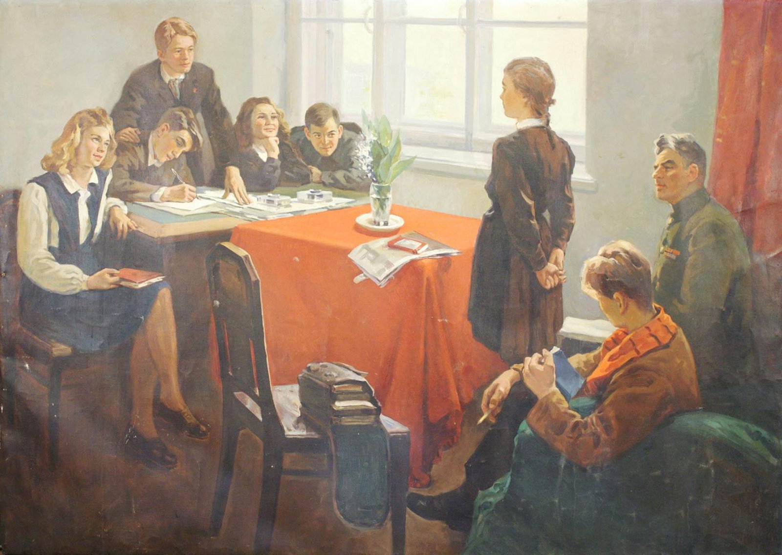 Unidentified (Ukrainian artist), "Admission to the Komsomol (Copy of Sergy Grigoriev painting)", oil: ARTIST: Unidentified Artist TITLE: "Admission to the Komsomol (Copy of Sergy Grigoriev painting)" SIZE: 134 x 188 cm, (52 3/4 x 74 in.) MEDIUM: oil on canvas YEAR OF CREATION: not dated SHIPPING: The 