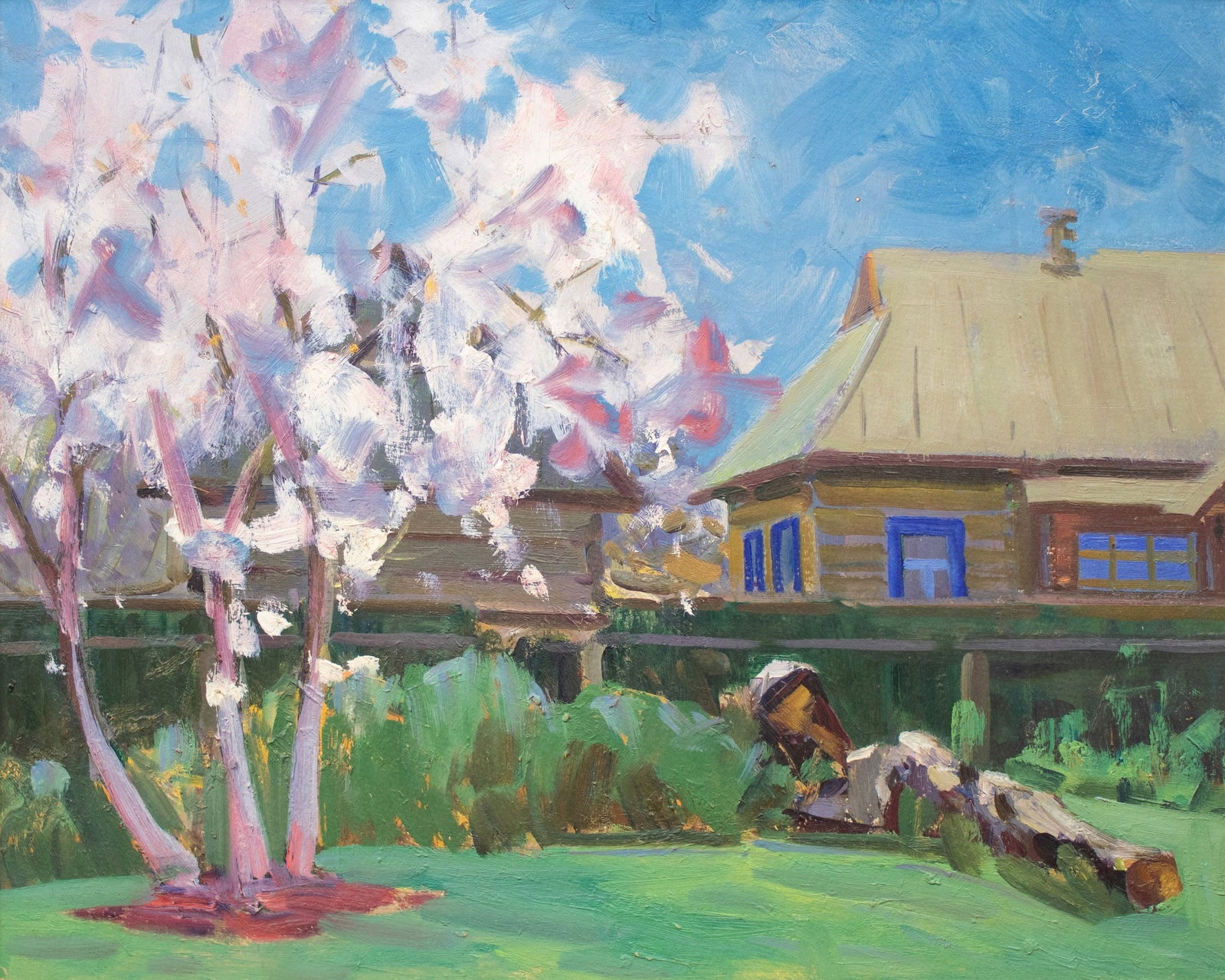 Tyukha Ivan (Ukrainian artist), "Spring", oil on cardboard: ARTIST: Tyukha Ivan Andriyovich, Ukrainian artist TITLE: "Spring" SIZE: 48 x 60 cm, (19 x 23 2/4 in.) MEDIUM: oil on cardboard YEAR OF CREATION: not dated CONDITION: The painting is in good vintage