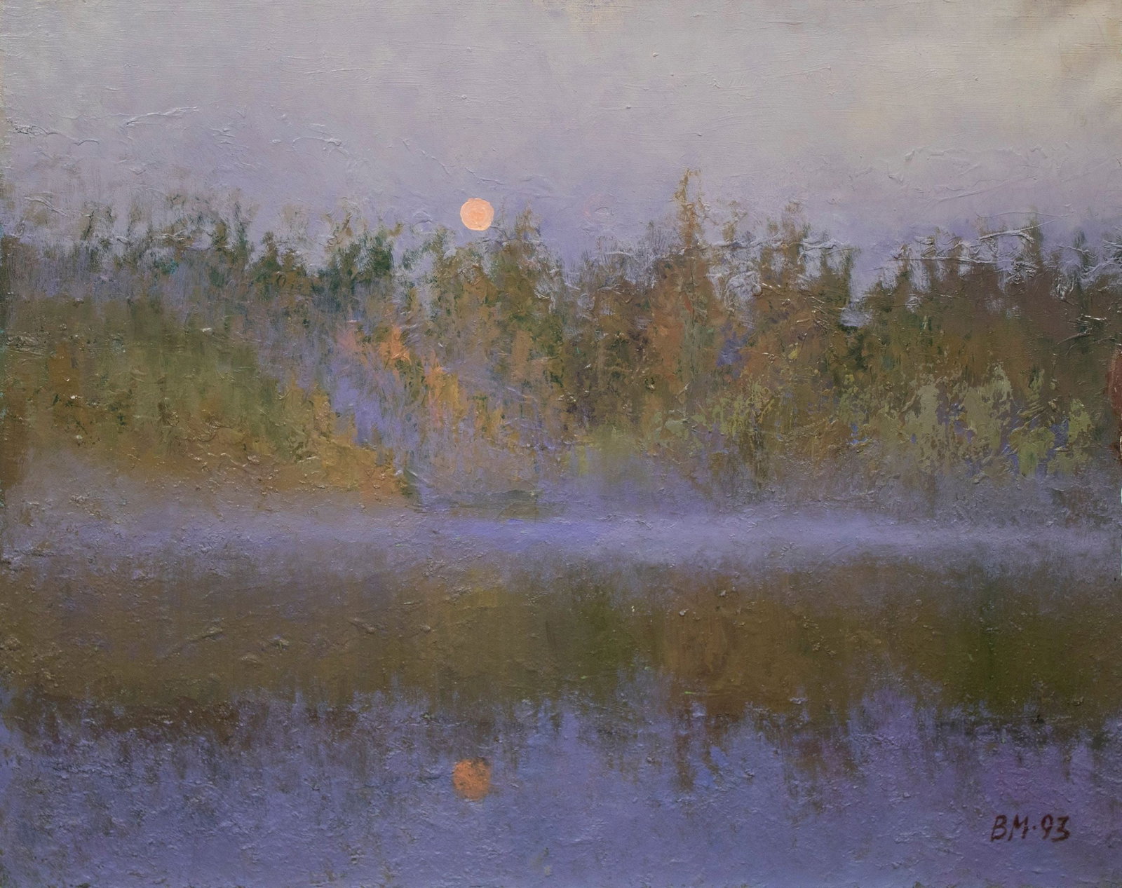 Mishnev Viktor (Ukrainian artist), "The moon came up", oil on canvas: ARTIST: Mishnev Viktor Pavlovich, Ukrainian artist TITLE: "The moon came up" SIZE: 64 x 74 cm, (25 1/4 x 29 1/4 in.) MEDIUM: oil on canvas YEAR OF CREATION: 1993 CONDITION: The painting is in good vin