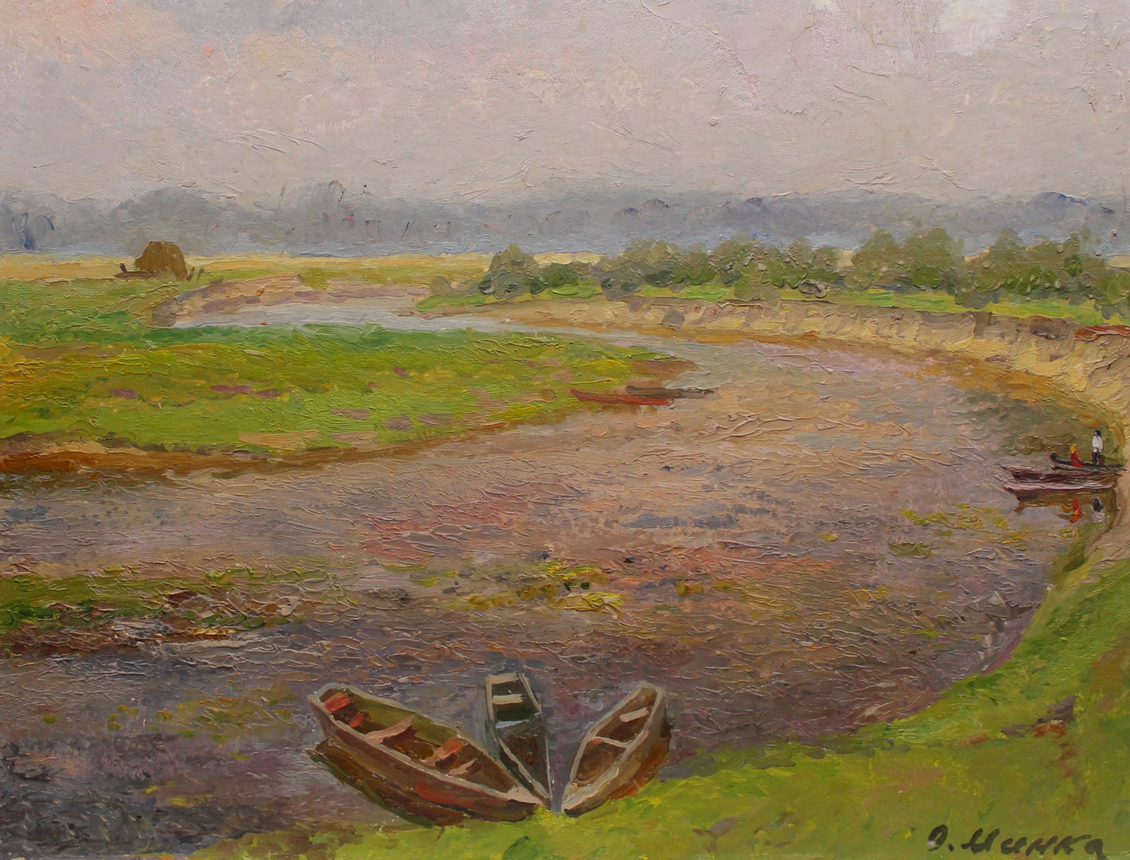 Mynka Olexandr (Ukrainian artist), "Summer day on the river", oil on cardboard: ARTIST: Mynka Olexandr Fedorovich, Ukrainian artist TITLE: "Summer day on the river" SIZE: 40 x 50 cm, (15 3/4 x 19 3/4 in.) MEDIUM: oil on cardboard YEAR OF CREATION: 1979 CONDITION: The painting is