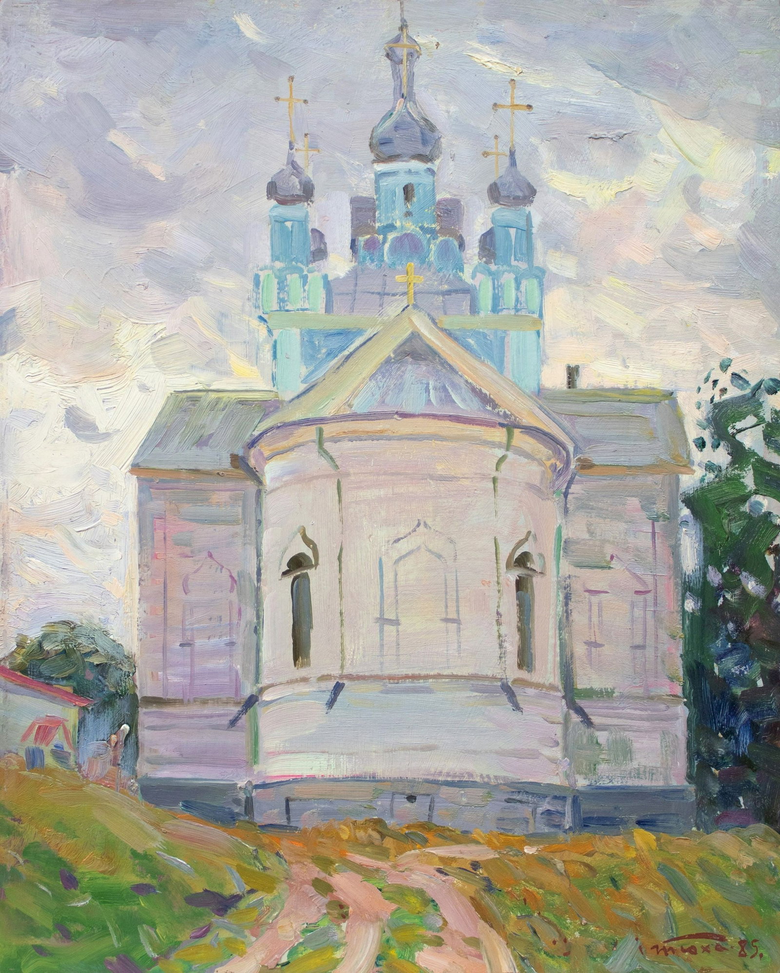 Tyukha Ivan (Ukrainian artist), "Architectural monument", oil on cardboard: ARTIST: Tyukha Ivan Andriyovich, Ukrainian artist TITLE: "Architectural monument" SIZE: 50 x 40 cm, (19 3/4 x 15 3/4 in.) MEDIUM: oil on cardboard YEAR OF CREATION: 1985 CONDITION: The painting is in 