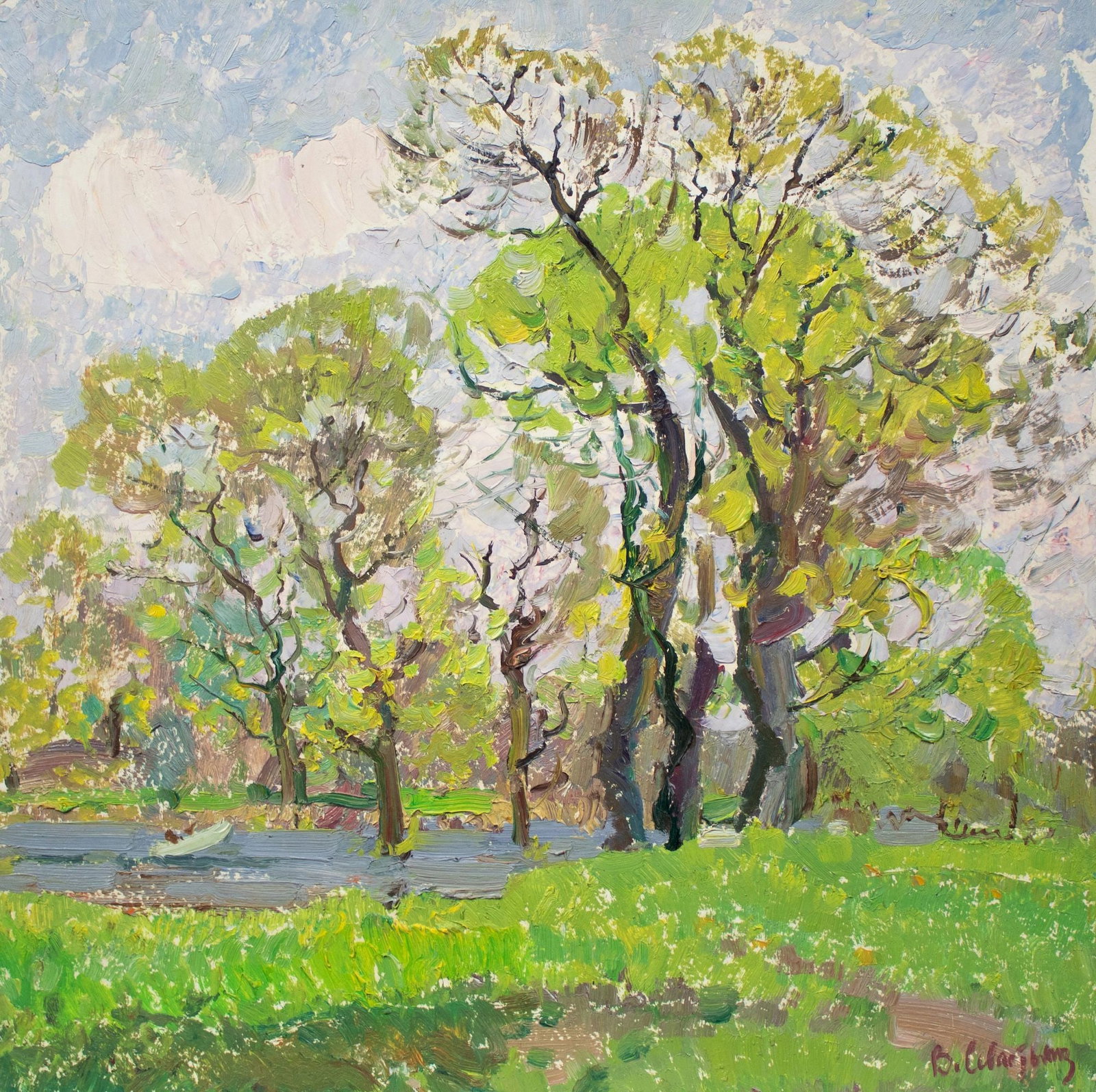 Sevastyanov Victor (Ukrainian artist), "Boat on the river", oil on cardboard: ARTIST: Sevastyanov Victor Grigorovich, Ukrainian artist TITLE: "Boat on the river" SIZE: 50 x 50 cm, (19 3/4 x 19 3/4 in.) MEDIUM: oil on cardboard YEAR OF CREATION: not dated CONDITION: The painting