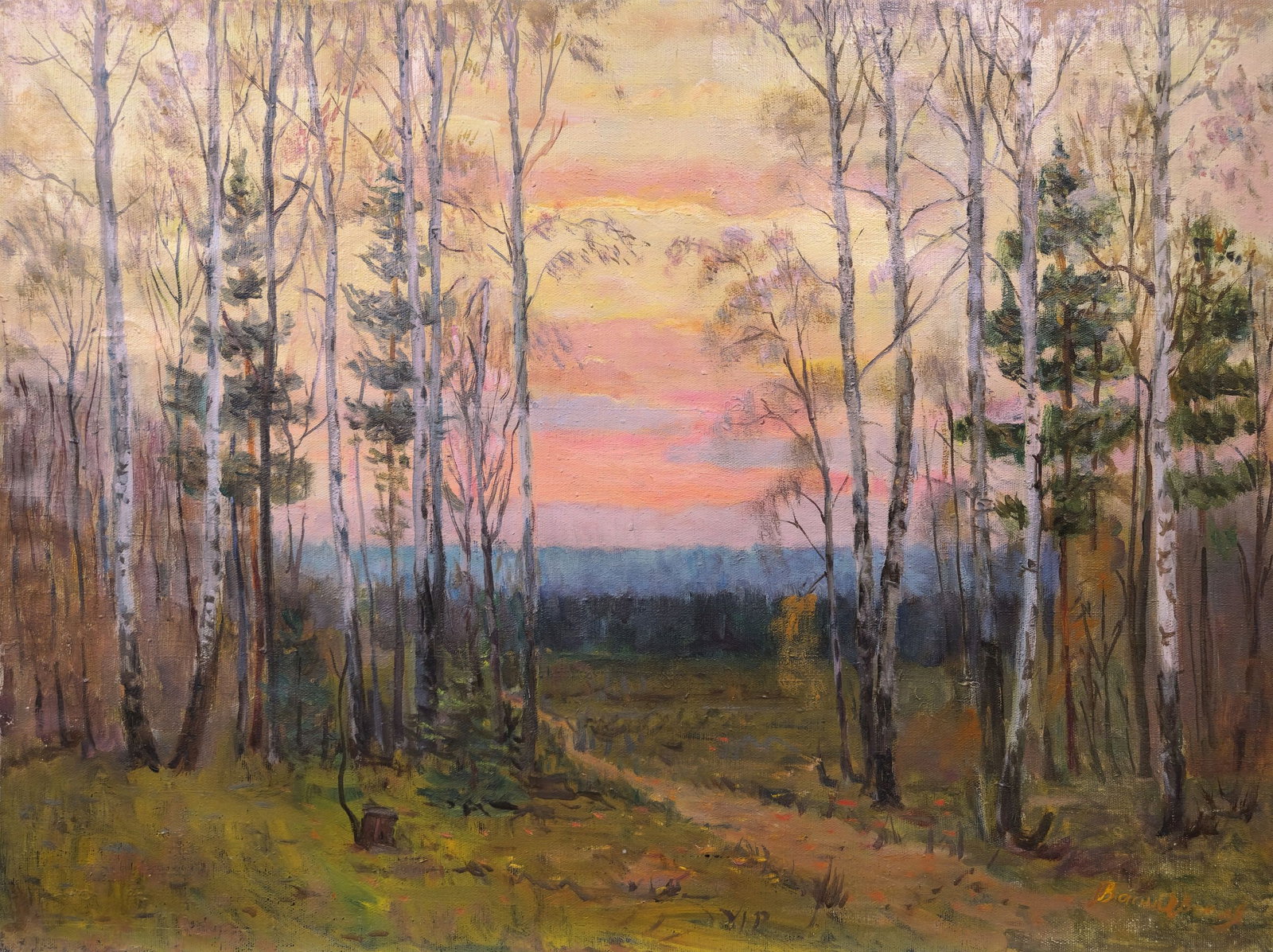 Vasilevska Varvara (Ukrainian artist), "Birches", oil on canvas: ARTIST: Vasilevska Varvara Pavlyvna, Ukrainian artist TITLE: "Birches" SIZE: 60 x 80 cm, (23 2/4 x 31 2/4 in.) MEDIUM: oil on canvas YEAR OF CREATION: not dated CONDITION: The painting is in good