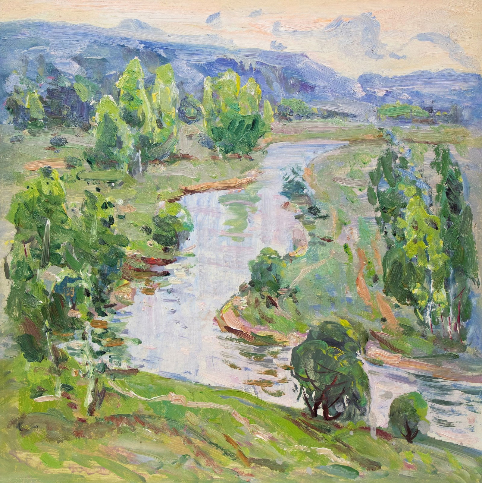 Tyukha Ivan (Ukrainian artist), "Rivulet", oil on cardboard: ARTIST: Tyukha Ivan Andriyovich, Ukrainian artist TITLE: "Rivulet" SIZE: 40 x 40 cm, (15 3/4 x 15 3/4 in.) MEDIUM: oil on cardboard YEAR OF CREATION: not dated CONDITION: The painting is in good