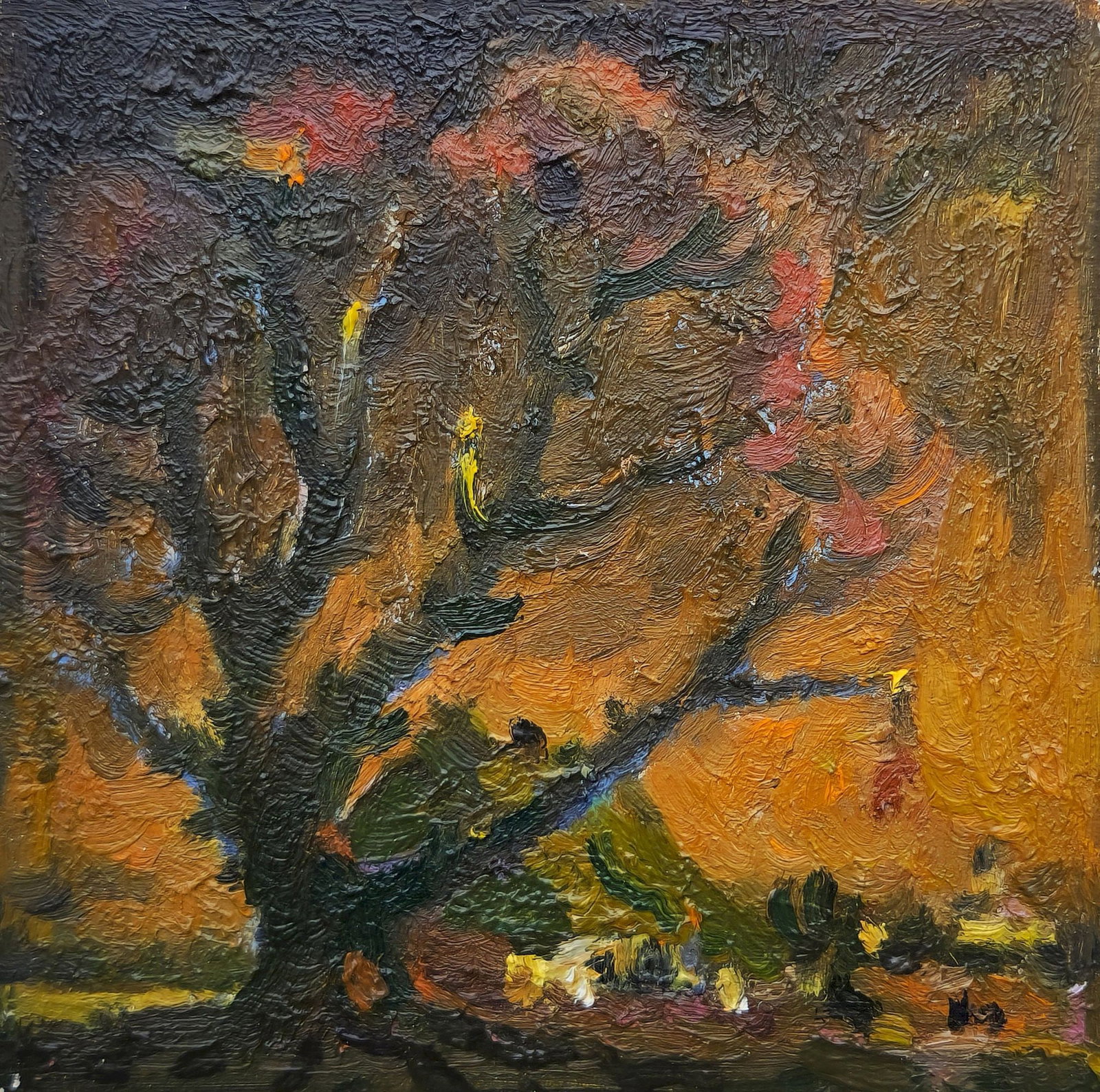 Mynka Olexandr (Ukrainian artist), "Oak", oil on cardboard: ARTIST: Mynka Olexandr Fedorovich, Ukrainian artist TITLE: "Oak" SIZE: 16 x 15 cm, (6 1/4 x 6 in.) MEDIUM: oil on cardboard YEAR OF CREATION: not dated CONDITION: The painting is in good vintage