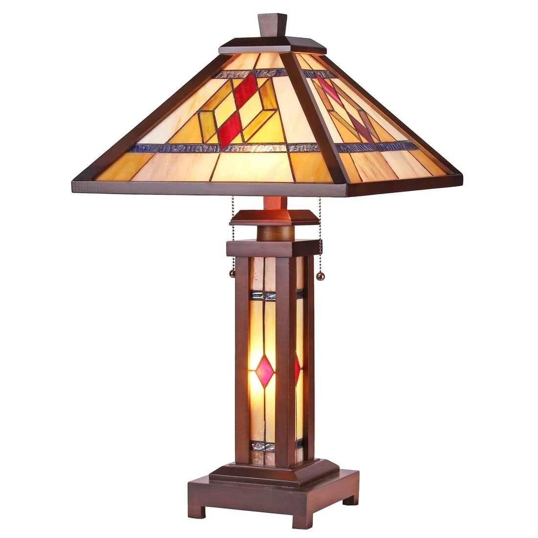 25.6 3 light Stained Glass Wood Mission Table Lamp: 25.6" tall 15" wide shade Illuminate your space with the timeless beauty of our reproduction Traditional Mission-Style Table Lamp. This exquisite lamp features a hand-made stained glass shade perfectl