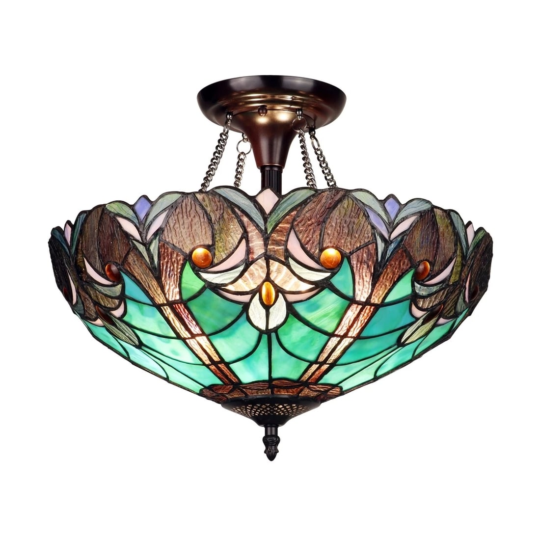 15.75" Stained Glass Semi Flush Ceiling Uplight: (2) 60 Watt Max 15.75" Wide x 13.6" Height Wonderful reproduction stained glass ceiling light! All handmade glass and metal. Certain to add a flash of style to any room. The technique used to make