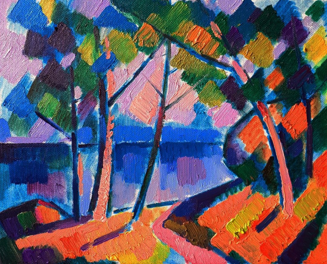 Oil painting Guardian trees by the river Pavel Dobrev: Dobr 889The Oil painting on Canvas titled Guardian trees by the river captures the viewer's imagination with its bold palette, dynamic brushwork, and evocative symbolism. This work transforms a seemin