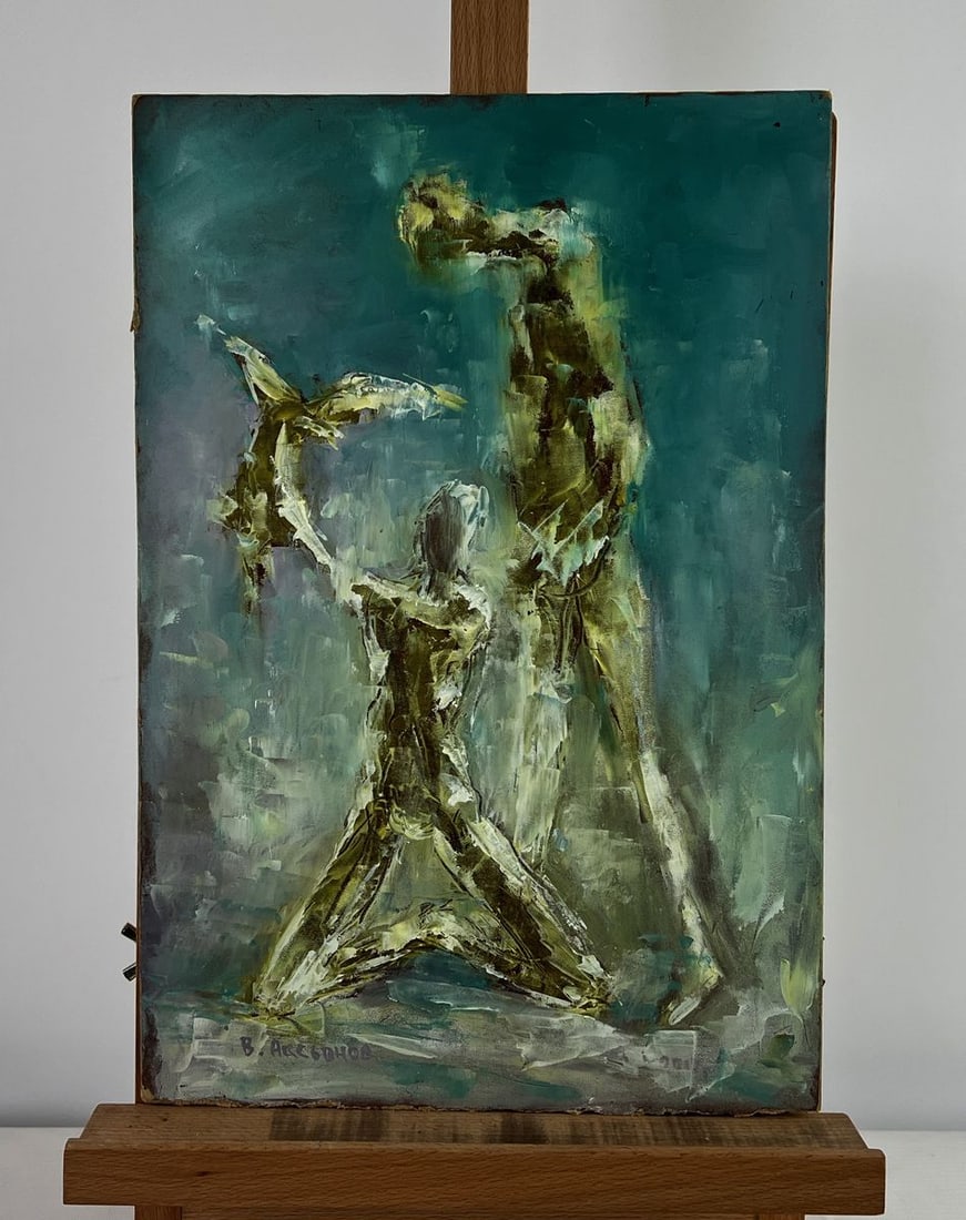 Oil painting On the wings of hope Vadim Aksenov: AAA5010The oil painting on cardboard titled On the wings of hope captures an emotional and symbolic scene rendered in expressive, textured brushwork and a hauntingly atmospheric palette. At the