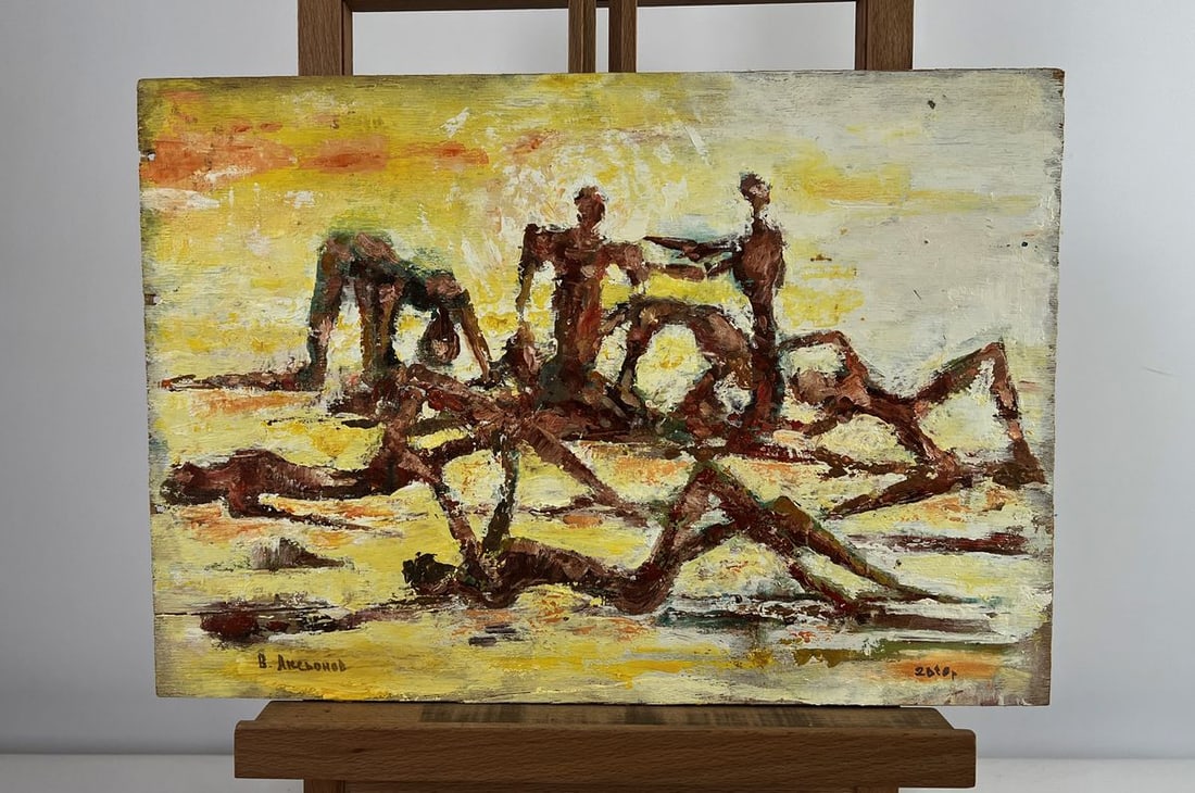 Oil painting In the circle of diversity Vadim Aksenov: AAA5011The oil painting on wood titled In the circle of diversity presents a dynamic and emotionally charged composition that explores the complexity and vitality of human interaction. Set against a b