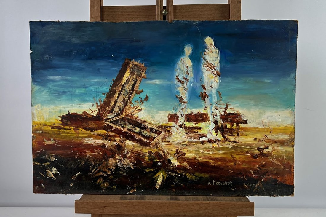 Oil painting Childhood dreams Vadim Aksenov: AAA5013The oil painting on hardboard titled Childhood dreams is a poignant and symbolic composition that delves into the fragile and often fleeting nature of memory, innocence, and the imaginative wor