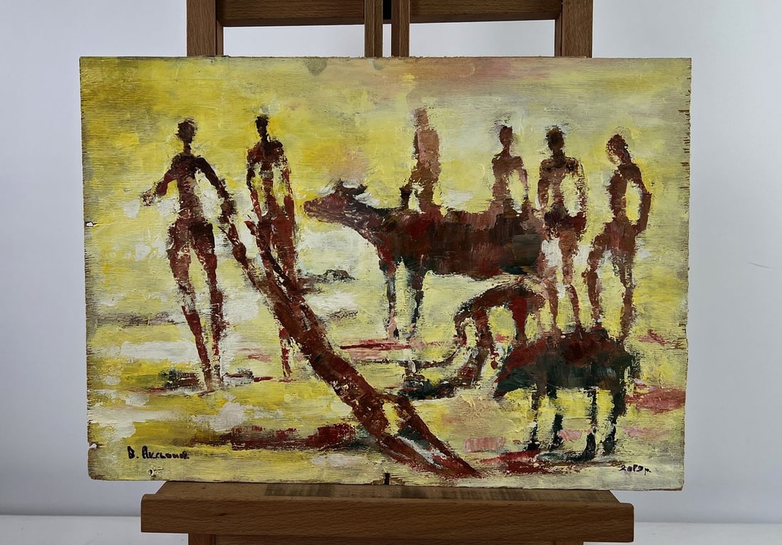 Oil painting Evolution of life Vadim Aksenov: AAA5017The oil painting on wood titled Evolution of life explores the intimate, intertwined relationship between humanity, nature, and time. Created with a palette of earthy reds, yellows, and subdued