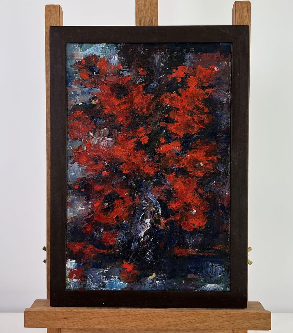 Oil painting Red bouquet of flowers Vadim Aksenov: AAA5019The oil painting on hardboard titled Red bouquet of flowers captivates with its bold, expressive energy and striking chromatic intensity. Dominated by a sea of vibrant crimson, the composition