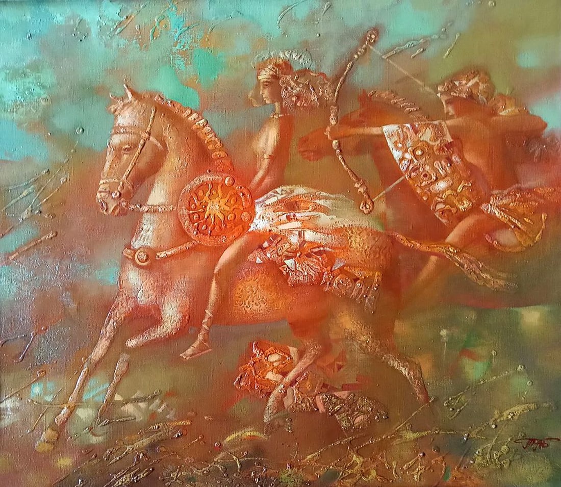 Abstract oil painting Amazons Anatoly Borisovich Tarabanov: Tar 300In Amazons, an intriguing and mesmerizing oil painting, the artist transports viewers into a world of abstracted beauty and fierce power. The canvas bursts with vibrant hues of brown and blue,