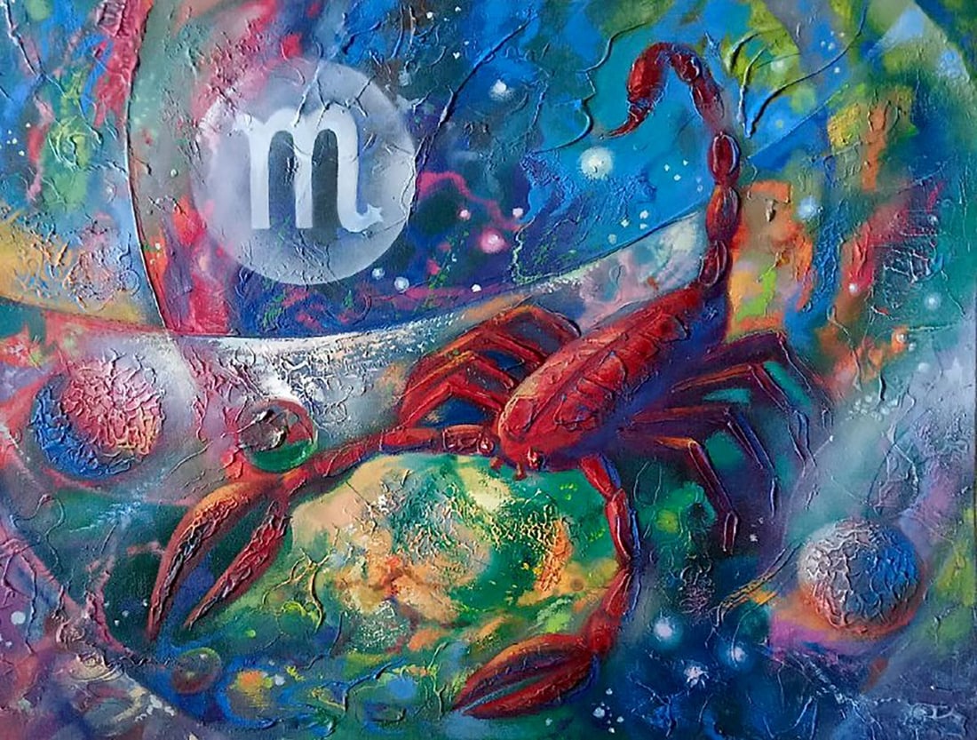 Abstract oil painting Scorpion Anatoly Borisovich Tarabanov: Tar 303Scorpio is an awe-inspiring oil painting that brings forth the captivating essence of the Scorpio zodiac sign through an abstract lens. The canvas is a mesmerizing tapestry of enigmatic shapes,