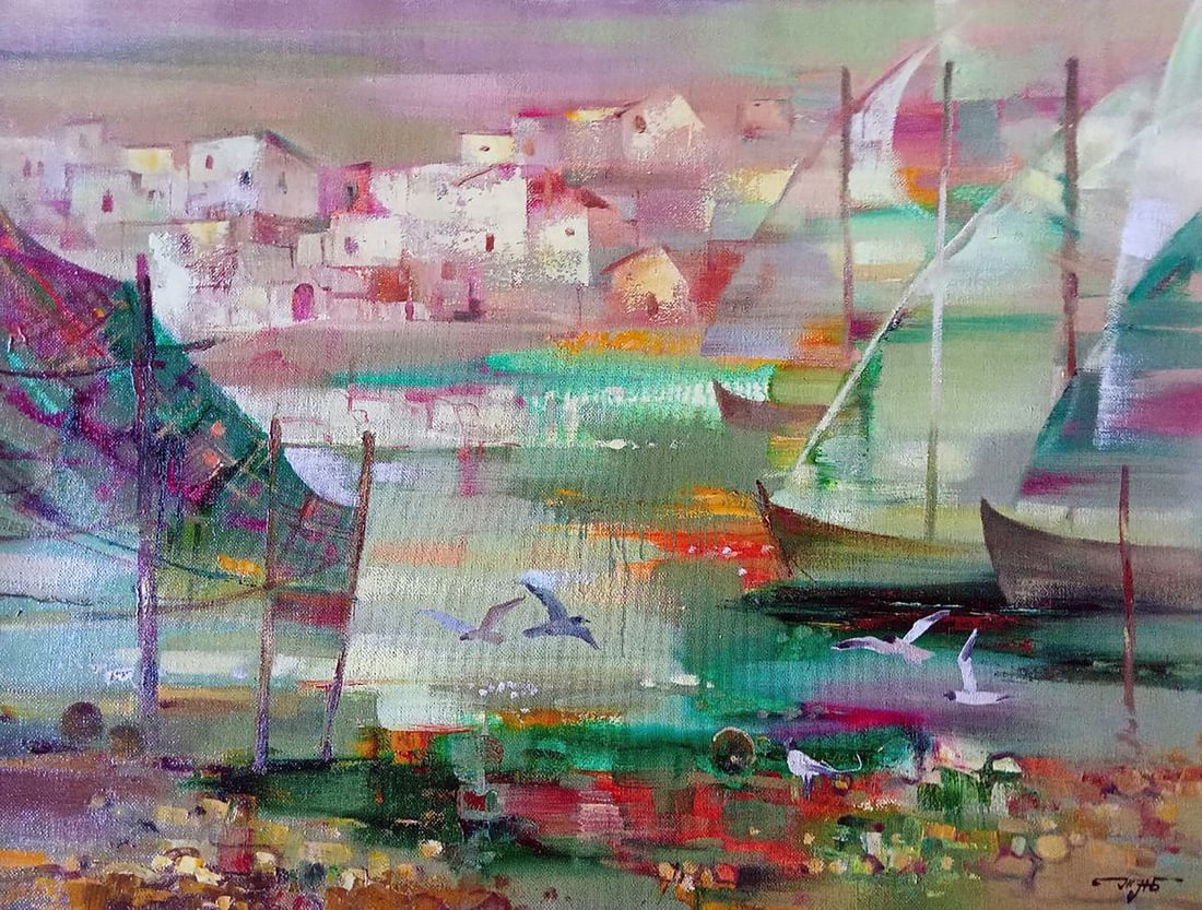 Abstract oil painting Harbor Anatoly Borisovich Tarabanov: Tar 317Harbor is a captivating oil painting that seamlessly melds abstraction with maritime scenes, inviting the viewer into a realm where form and emotion converge. With a skillful manipulation of co