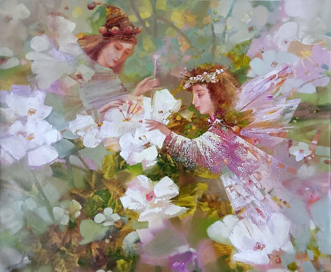 Abstract oil painting Flowers Anatoly Borisovich Tarabanov: Tar 319Flowers is an intriguing oil painting that masterfully transcends the boundaries of realism, inviting the viewer into a realm of enchanting abstraction. The canvas comes alive with a symphony