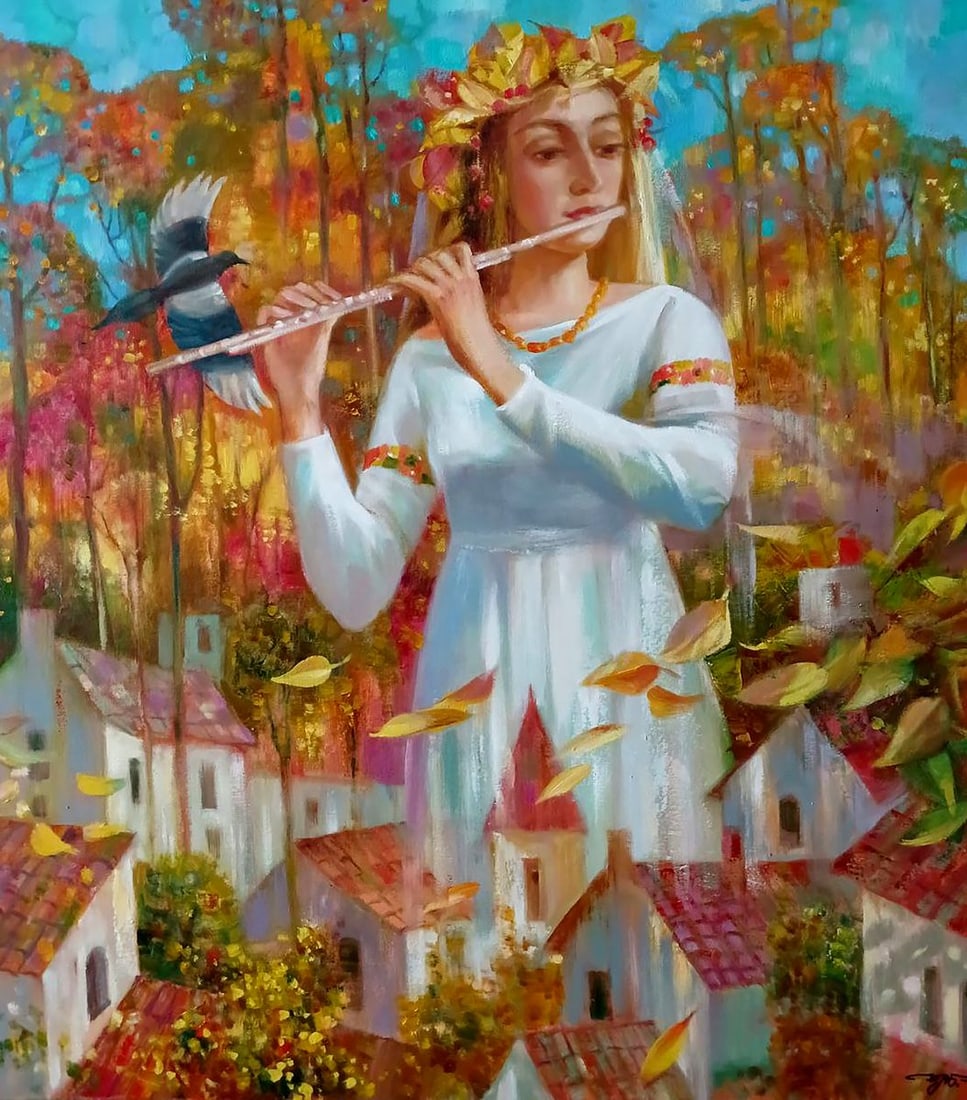 Abstract oil painting Melody of autumn Anatoly Borisovich Tarabanov: Tar 334The oil painting Melody of Autumn is a lyrical composition blending the romanticism of autumn with the ethereal quality of music. The central figure, a young woman, is the embodiment of the sea