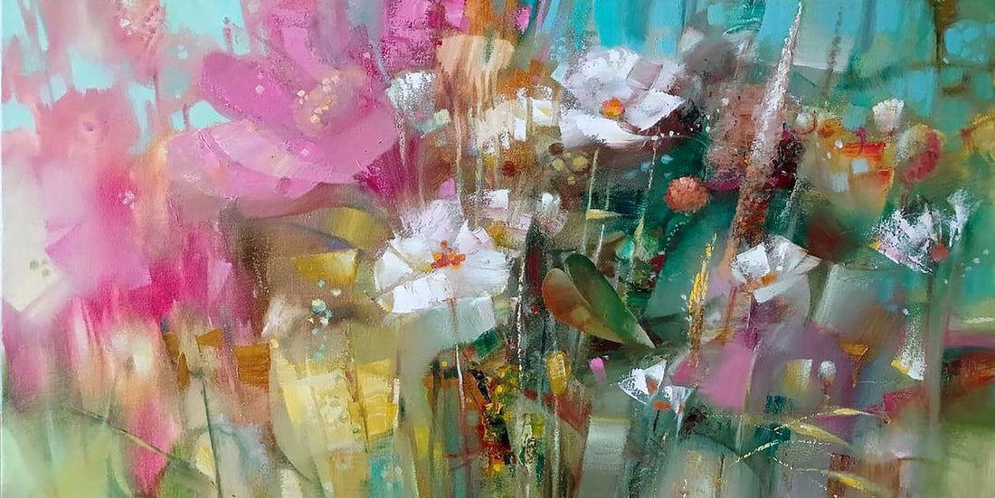 Abstract oil painting Flowers Anatoly Borisovich Tarabanov: Tar 336The oil painting titled Flowers is an abstract interpretation of a floral scene, employing a vibrant and diverse palette to suggest the chaotic beauty of a flower-filled space. The artist has