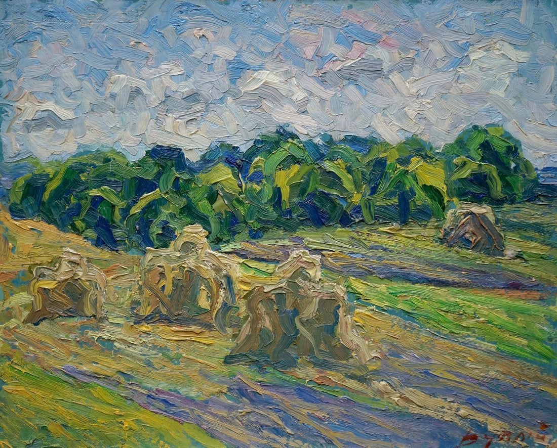 Abstract oil painting Haystacks Dupliy Sergey Alexandrovich: Verns 247 *** ABOUT THIS PAINTING *** * TITLE: Haystacks * ARTISTS: Dupliy Sergey Alexandrovich * SIZE: 40x50 cm/'15.74x19.68 inches' * MEDIUM: oil, cardboard * HAND PAINTED: Original painting from ou