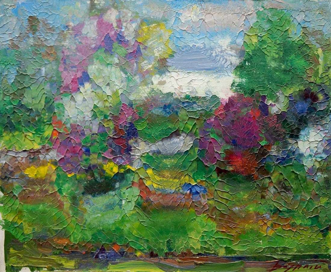 Abstract oil painting Trees bloom Dupliy Sergey Alexandrovich: Verns 253 *** ABOUT THIS PAINTING *** * TITLE: Trees bloom * ARTISTS: Dupliy Sergey Alexandrovich * SIZE: 40x50 cm/'15.74x19.68 inches' * MEDIUM: oil, cardboard * HAND PAINTED: Original painting from 