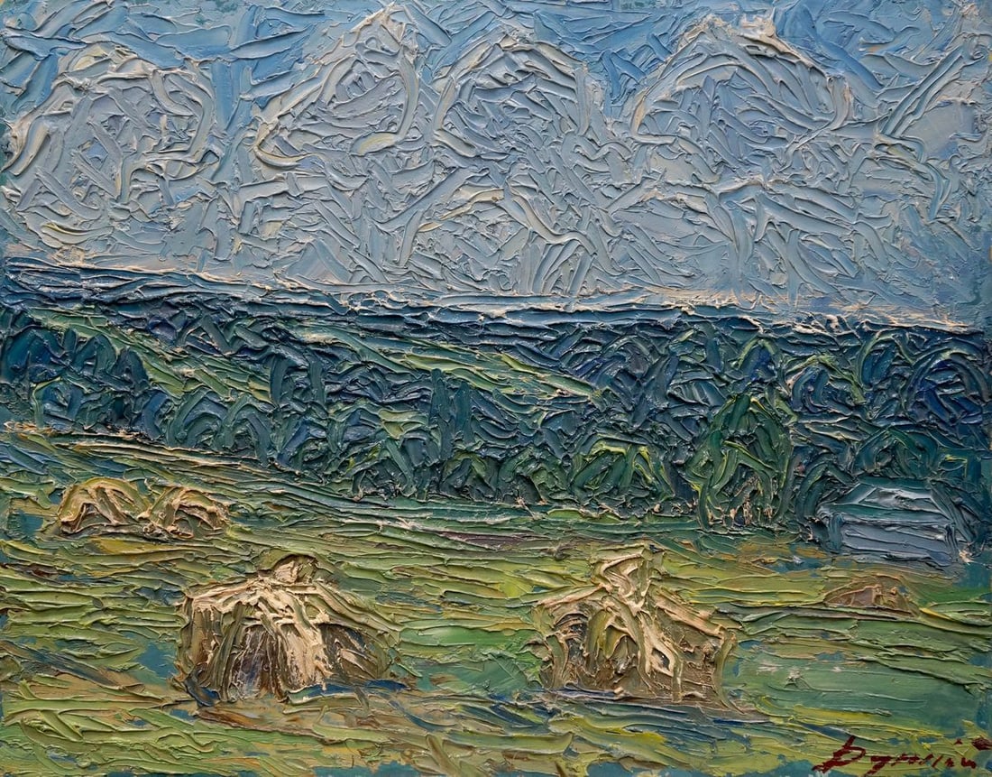Abstract oil painting Haystacks Dupliy Sergey Alexandrovich: Verns 256 *** ABOUT THIS PAINTING *** * TITLE: Haystacks * ARTISTS: Dupliy Sergey Alexandrovich * SIZE: 40x50 cm/'15.74x19.68 inches' * MEDIUM: oil, cardboard * HAND PAINTED: Original painting from ou