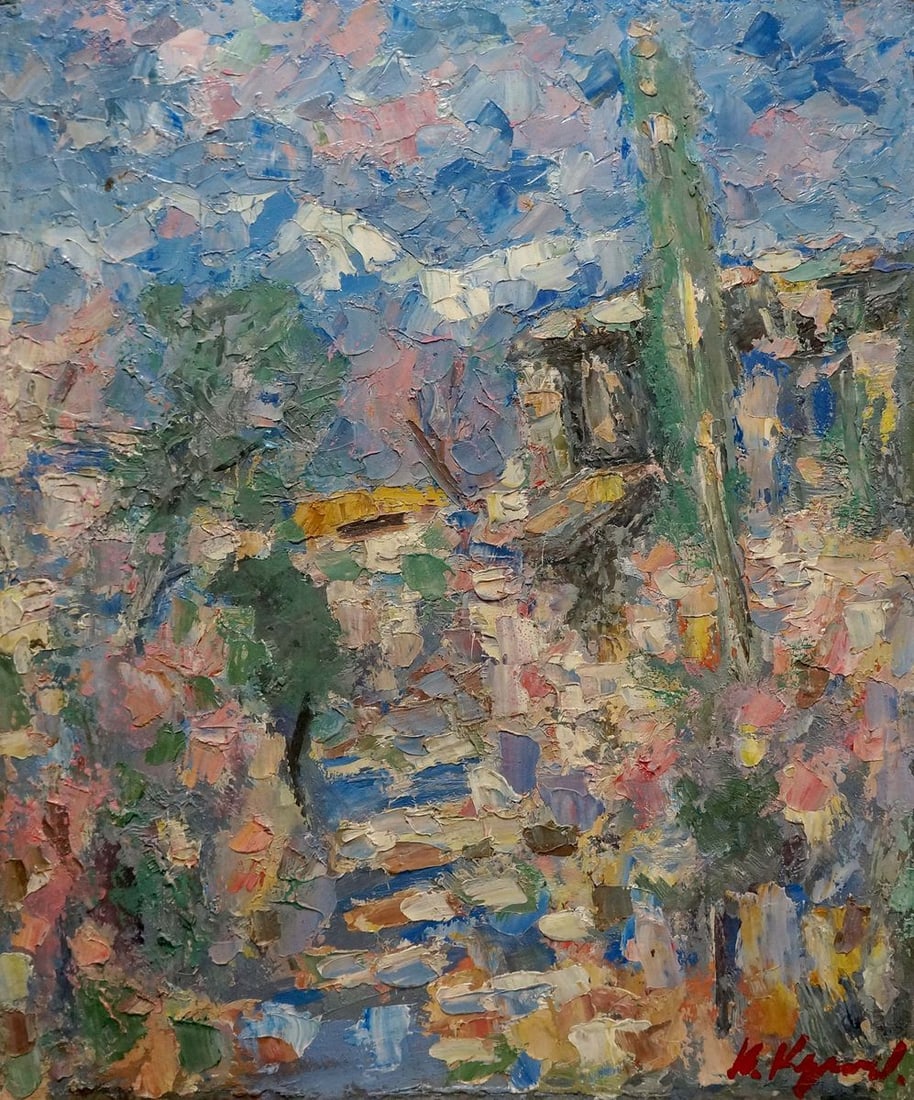 Abstract oil painting Streets in the village Karelin Vyacheslav: Verns 662 *** ABOUT THIS PAINTING *** * TITLE: Streets in the village * ARTISTS: Karelin Vyacheslav * SIZE: 59x50 cm/'23.22x19.68 inches' * MEDIUM: oil, cardboard * HAND PAINTED: Original painting fro