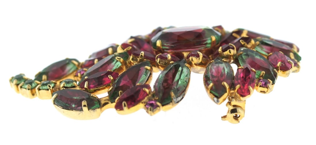 CUTE Costume Green & Pink Stone Pin Circa 1950! - 3