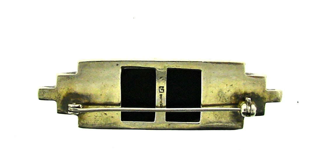 EUROPEAN Sterling Silver, Onyx, Mother of Pearl & Marcasite Pin Circa 1920s! - 2