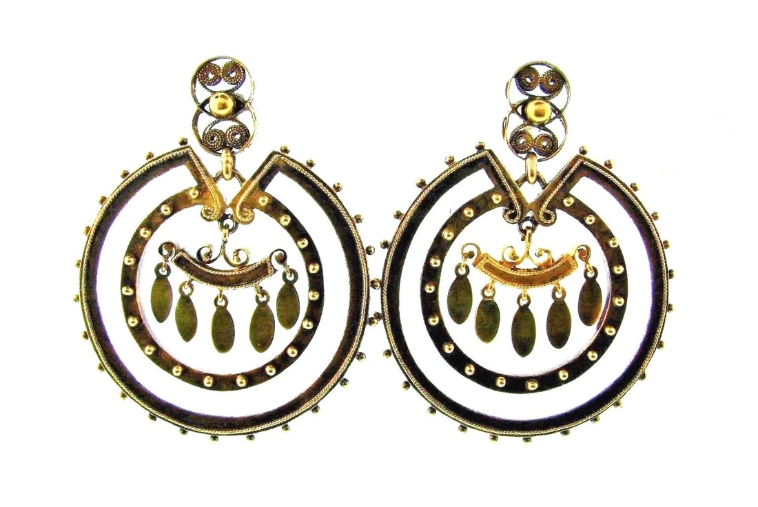 UNIQUE Victorian 14k Yellow Gold Earrings Circa 1900s Ethnic: Title: UNIQUE Victorian 14k Yellow Gold Earrings Circa 1900s Ethnic Description: DK 14k Yellow Gold Ethnic Earrings Circa 1900s · This is a must for any collector. · The weight is 13.2 grams