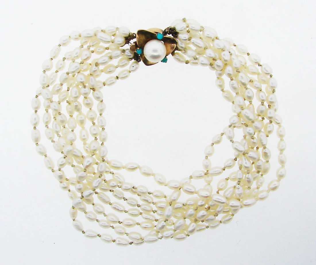 FEMININE 14k Rose Gold, Fresh Water Pearl & Turquoise Bracelet Circa 1950s!: Title: FEMININE 14k Rose Gold, Fresh Water Pearl & Turquoise Bracelet Circa 1950s! Description: DK 14k Rose Gold, Fresh Water Pearl & Turquoise Bracelet Circa 1950s! This wonderful item is one of a ki