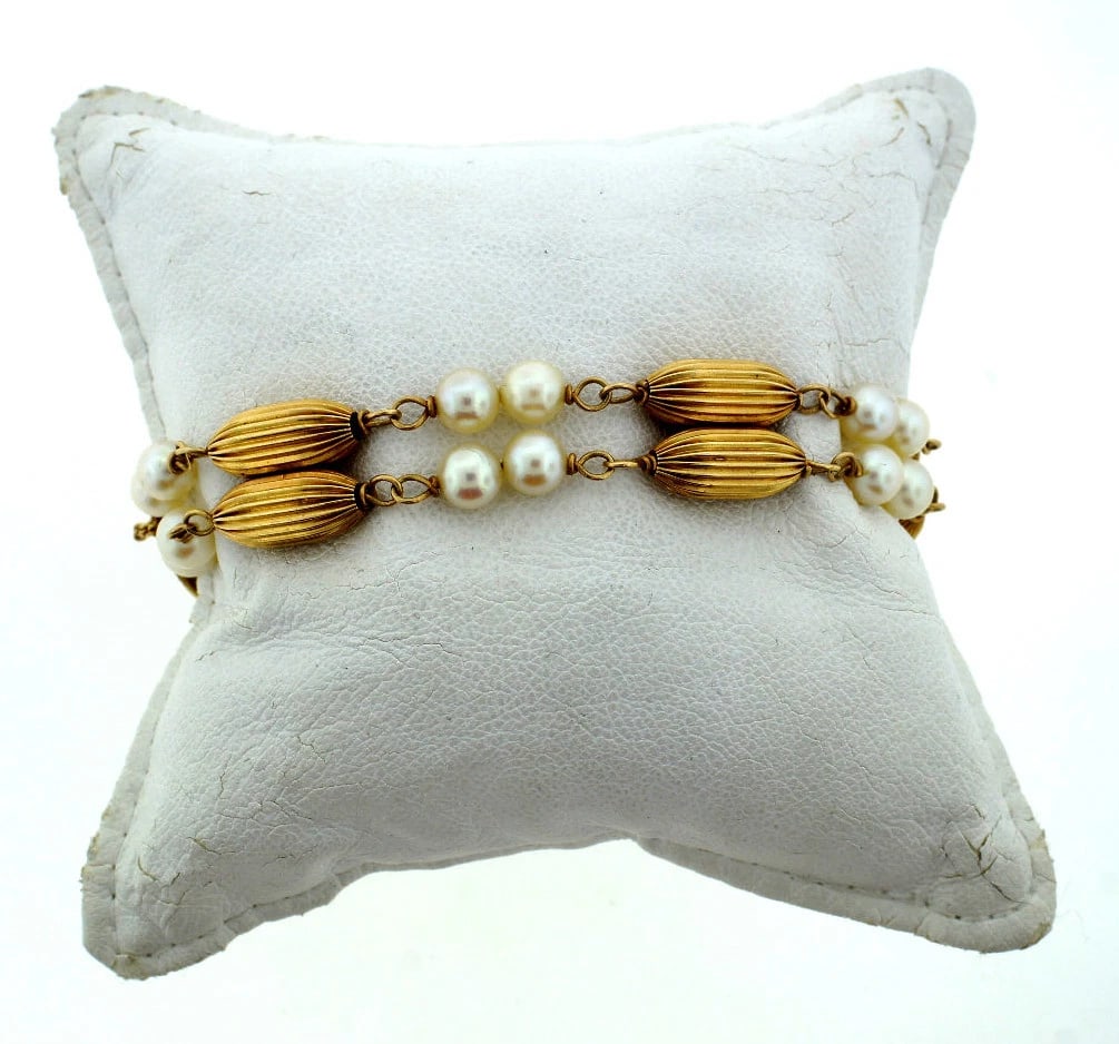 VINTAGE C.1960 14K YELLOW GOLD PEARL BRACELET UNIQUE GREAT GIFT - 3