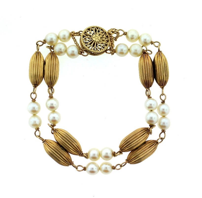 VINTAGE C.1960 14K YELLOW GOLD PEARL BRACELET UNIQUE GREAT GIFT - 6