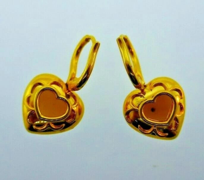 LOVE ME 18k Yellow Gold, Coral & Yellow Diamond Heart Dangle Earrings Modern - 4