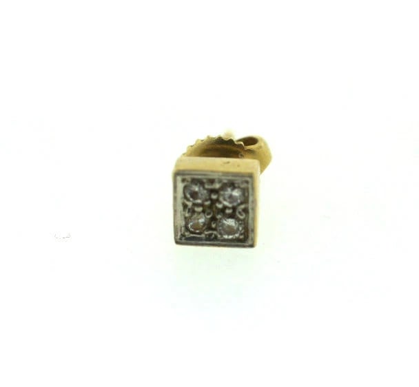 14K YELLOW GOLD SQUARE DIAMOND SINGLE EARRING STYLISH UNISEX - 2