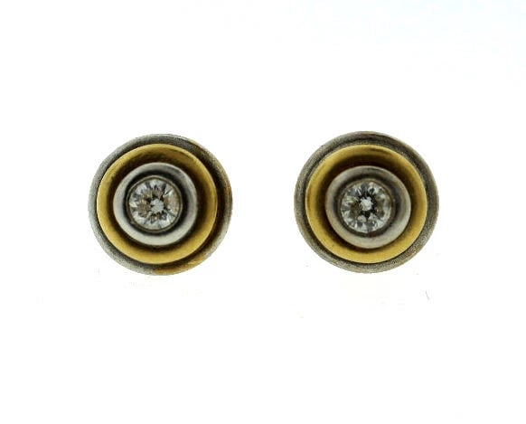 14K YELLOW WHITE GOLD STUD EARRINGS DIAMOND ROUND STYLISH - 2