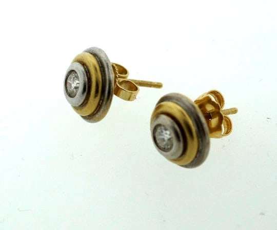 14K YELLOW WHITE GOLD STUD EARRINGS DIAMOND ROUND STYLISH - 4