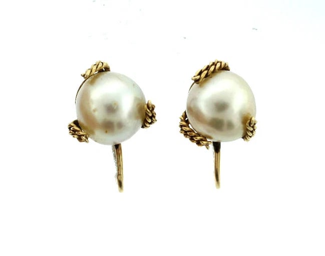 C.1950 14K YELLOW GOLD CULTURED PEARL EARRINGS STAMPED ADORABLE (1 of 7)