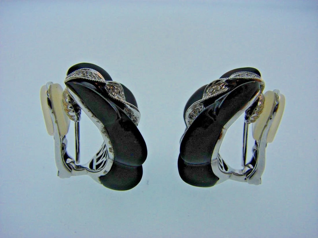 CHIC European 18k White Gold, Diamond & Onyx Earrings Clip On Earrings - 2