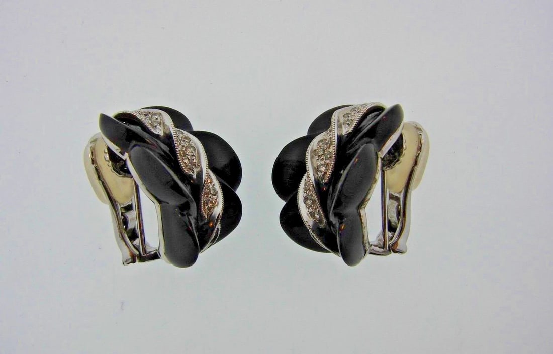 CHIC European 18k White Gold, Diamond & Onyx Earrings Clip On Earrings - 5