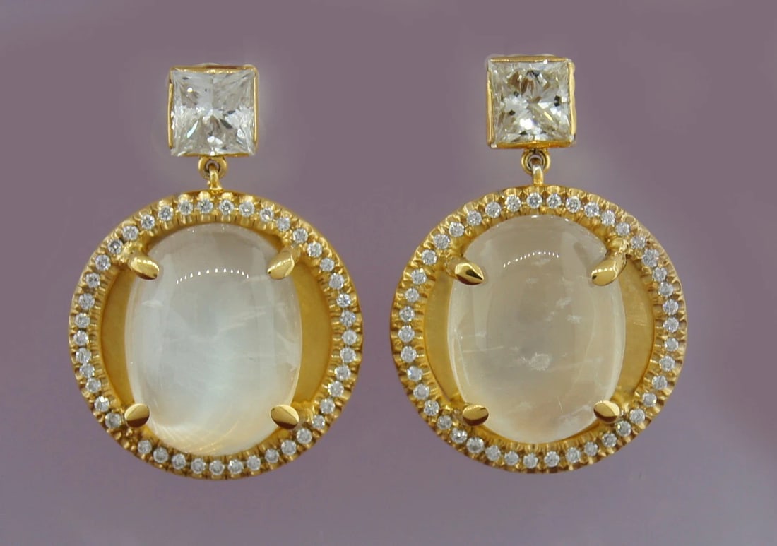 Chic MOONSTONE 1.68 cts DIAMOND YELLOW GOLD DANGLE DROP HANGING EARRINGS - 2