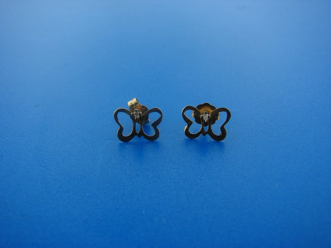 TINY ADORABLE 14 K YELLOW GOLD DIAMOND BUTTERFLY EARRINGS - 2
