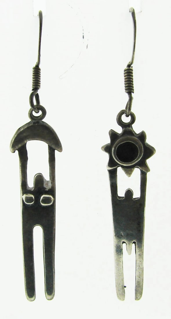 SACRED Silver Aztec Earrings Circa 1930s!: Title: SACRED Silver Aztec Earrings Circa 1930s! Description: DK Silver Aztec Earrings Circa 1930s! This wonderful item is one of a kind! The weight is 6 grams. The length is 2 ¼ inches. The widt