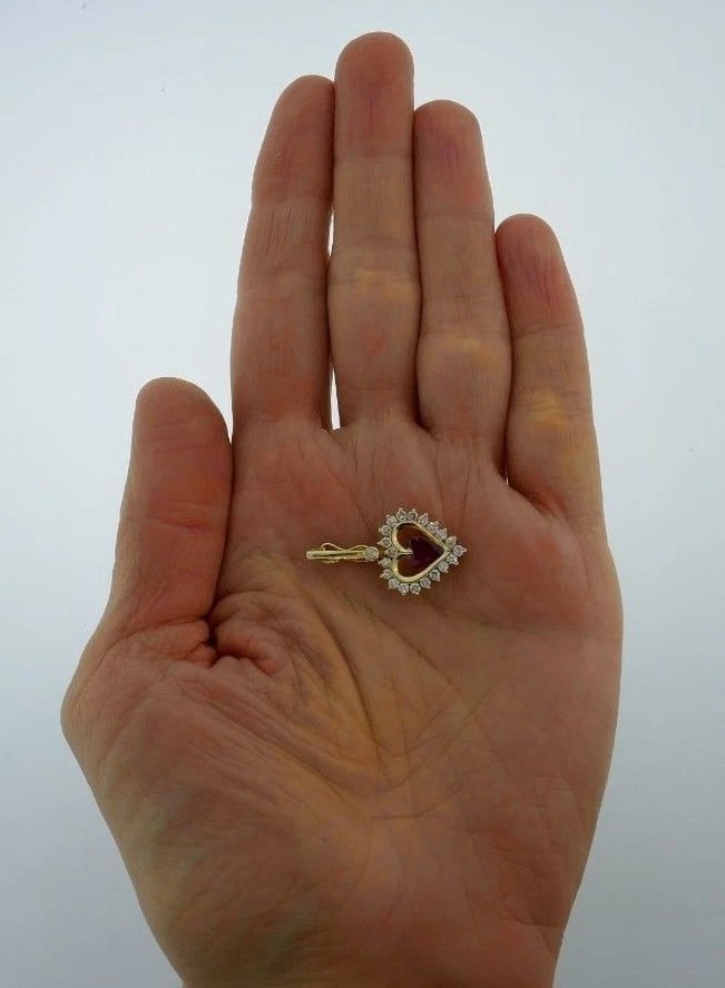 14k Yellow Gold Diamond Ruby Heart Charm Pendant - 4