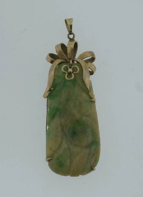 C.1950 CARVED JADE 14K YELLOW GOLD VINTAGE PENDANT UNIQUE - 2