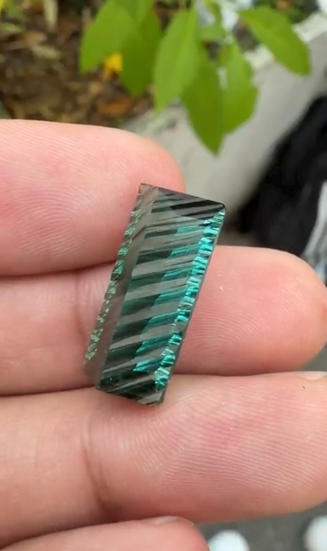 12.86 Carat Fancy Long Emerald Cut Green Tourmaline Gemstone, Waves Pattern Cut - 11