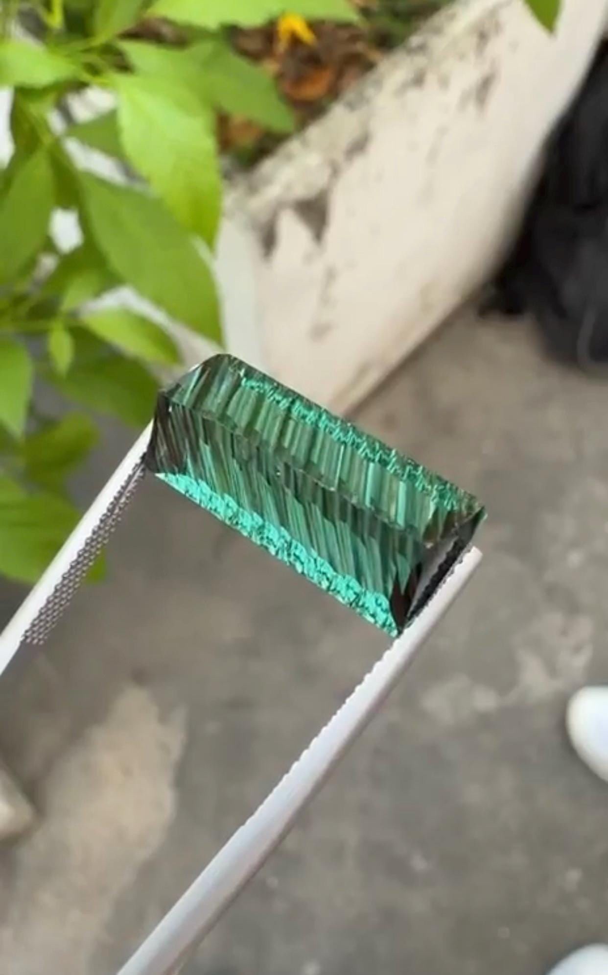 12.86 Carat Fancy Long Emerald Cut Green Tourmaline Gemstone, Waves Pattern Cut - 13