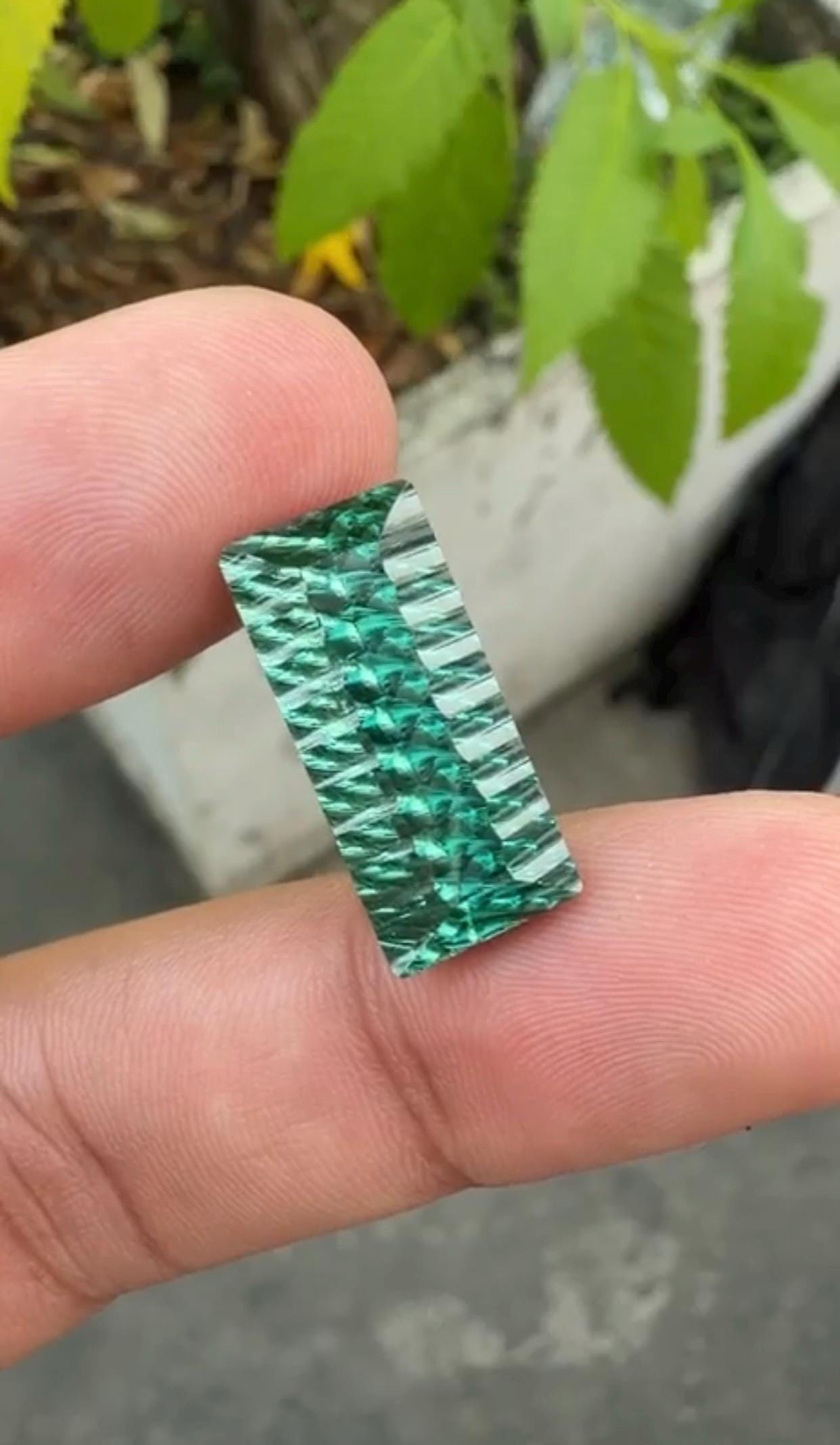 12.86 Carat Fancy Long Emerald Cut Green Tourmaline Gemstone, Waves Pattern Cut - 3